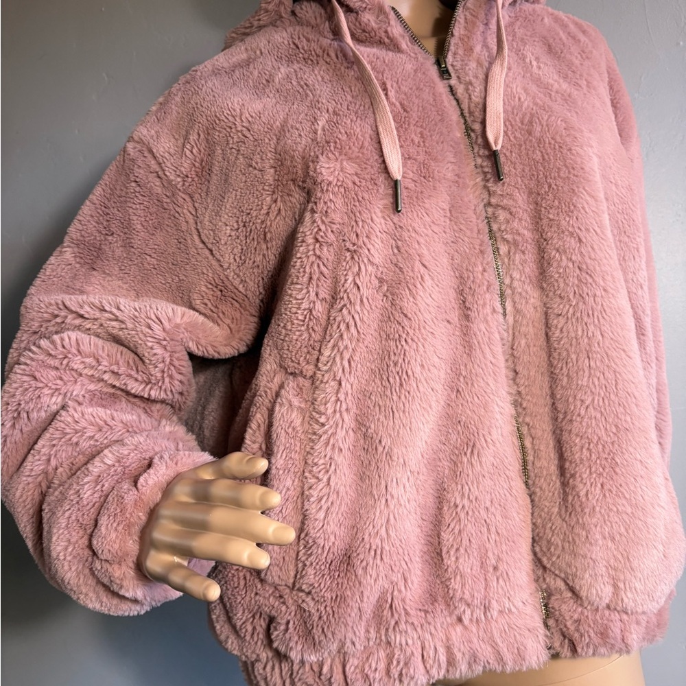 Time and Tru Pink Hooded Teddy Bear Zip Front Jacket Size Small